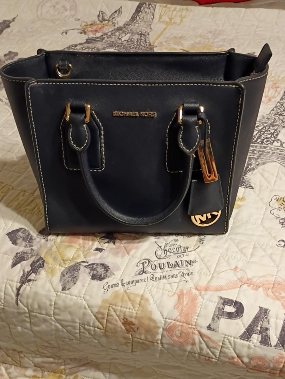 Michael Kors Navy Blue Saffiano Leather Satchel with Gold Hardware